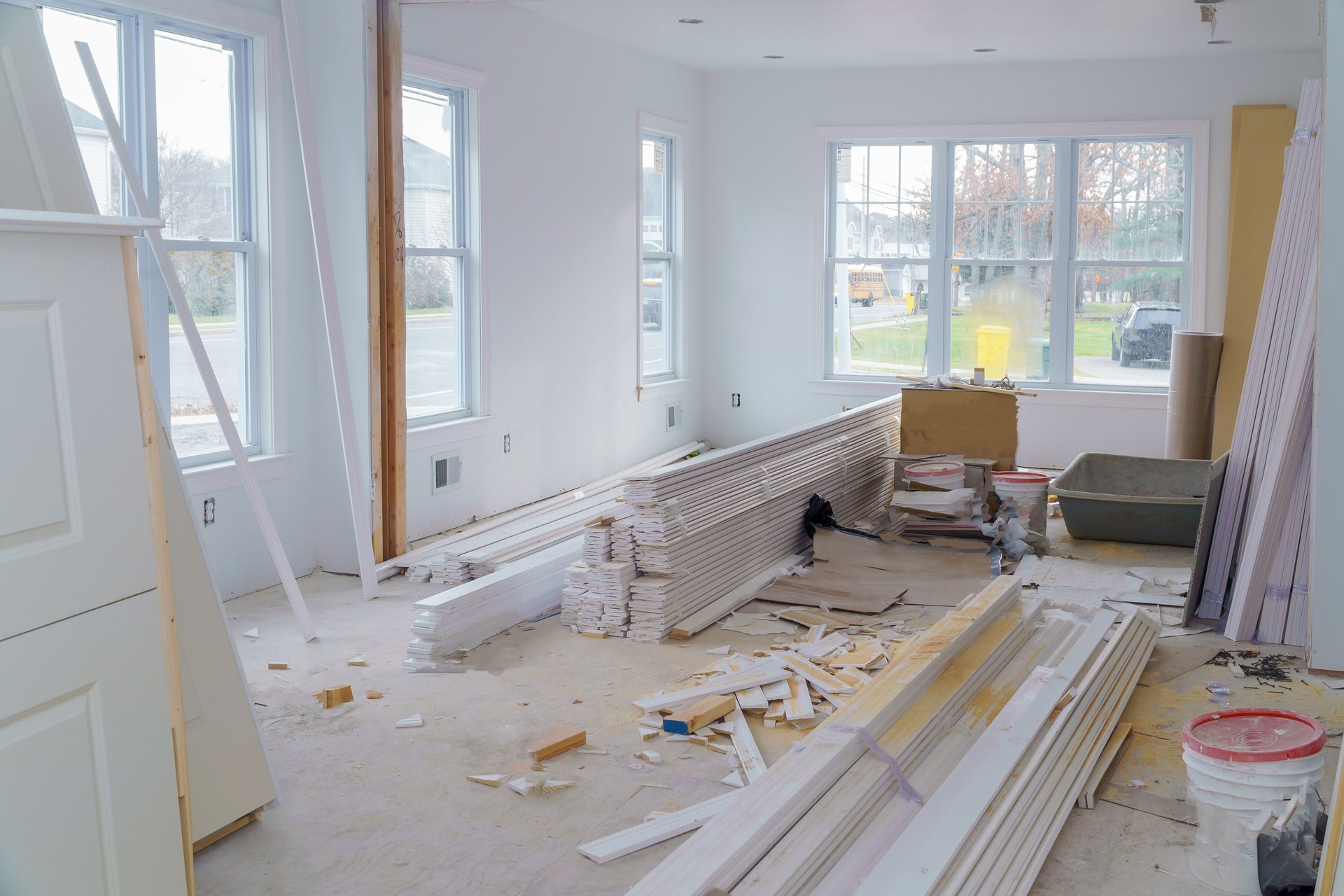 Interior construction of housing project with drywall installed door for a new home before installing